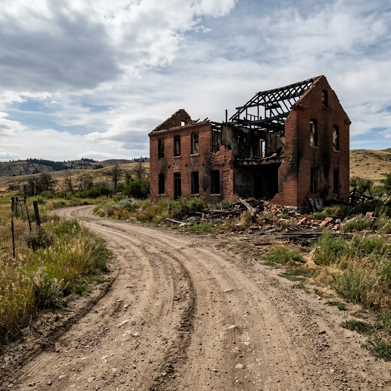 Explore Burnt Brick Ruins on a Dirt Road