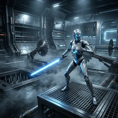 Elegant Robot in Metallic Silver - Action-Packed Game Character