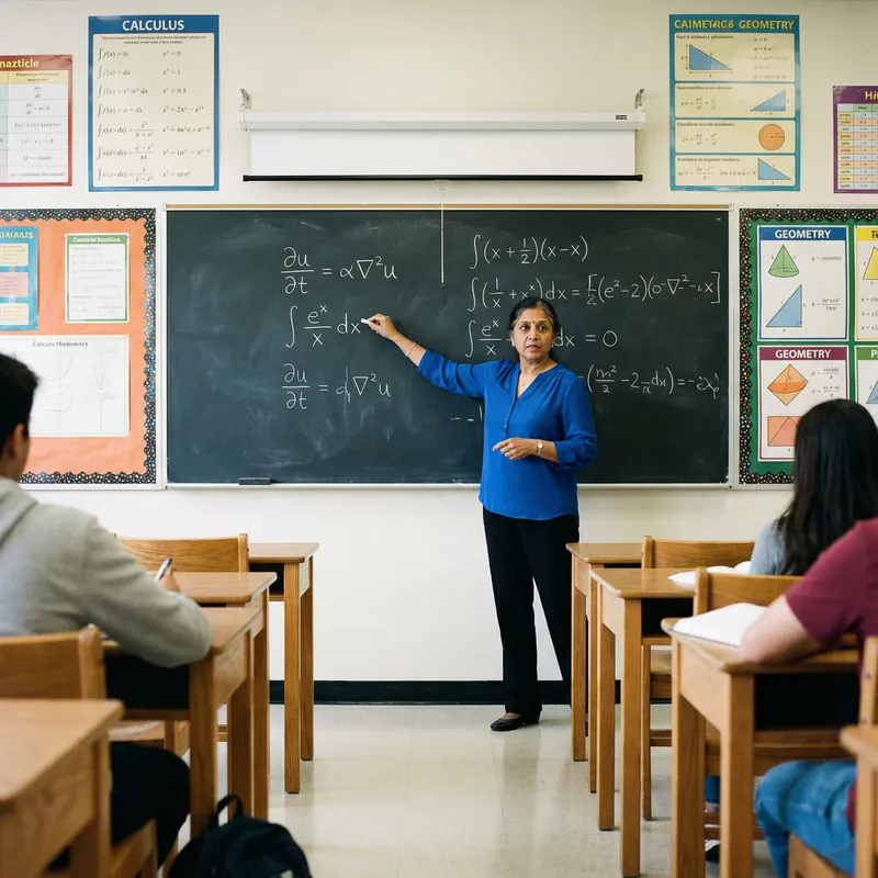 Dedicated Math Teacher Illustrating Complex Equations in Classroom