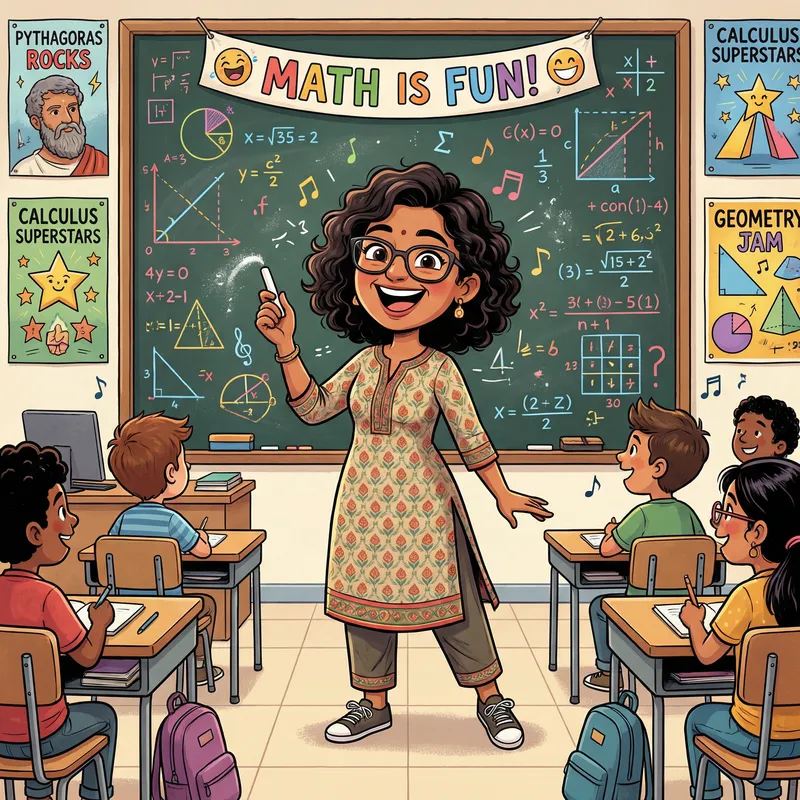 Dynamic Female Math Teacher Cartoon | Engaging Classroom Setting
