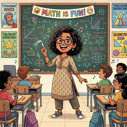 Enthusiastic South Asian Female Math Teacher in Classroom Cartoon
