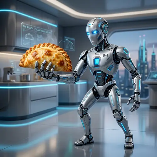 Robot Holding Empanada - Futuristic Culinary Art