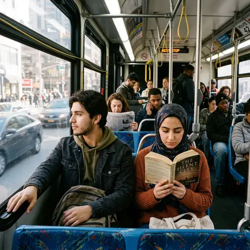 City Bus Scene: Diverse Passengers Engaged in Daily Life
