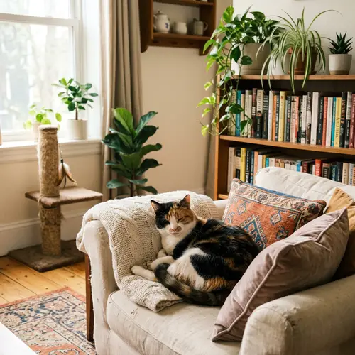 Cozy Living Room Scene with Domestic Short-Haired Cat