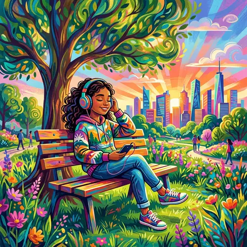 Young Hispanic Girl Enjoying Music in Serene Park