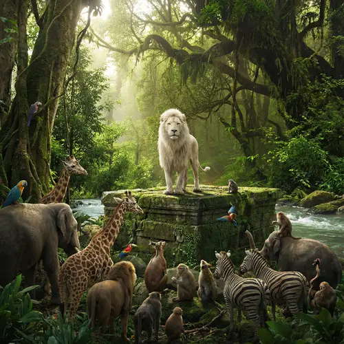 Majestic White Lion Standing in Forest