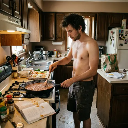 Messy Kitchen Cooking: Half-Naked Guy in Action