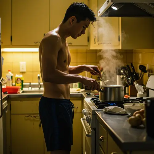 Messy Kitchen Cooking: Half-Naked Guy in Action