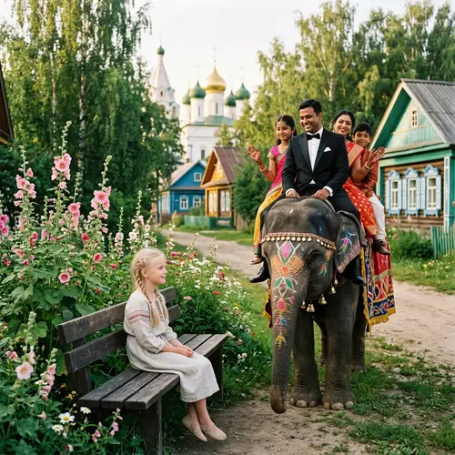 Blonde Slavic Girl and Indian Family Unite in Picturesque Russian Setting