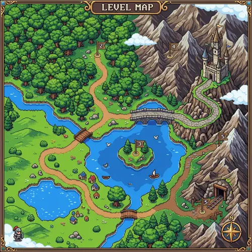 32-Bit Retro Pixelated Level Selector Map for Adventure Enthusiasts