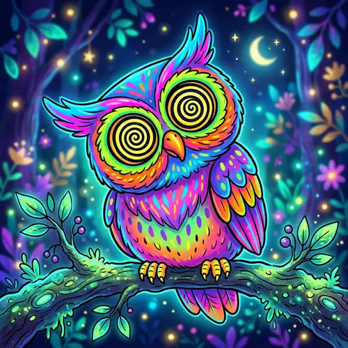 Funny Cartoon Neon Owl with Spiral Eyes