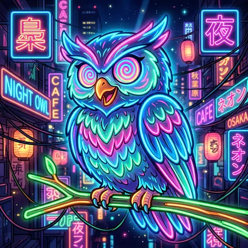 Funny Neon Owl with Spiral Eyes in Anime Style