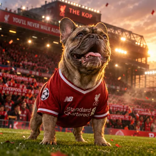 Joyful French Bulldog at Anfield in Liverpool Shirt