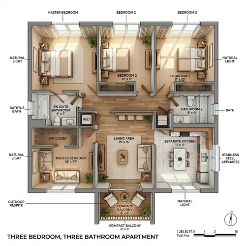 Modern 3-Bedroom Apartment with Open Floor Plan and En-Suite Bathroom