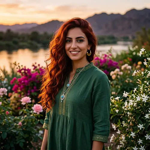 Radiant Middle-Eastern Woman with Flowing Red Hair in Tranquil Garden