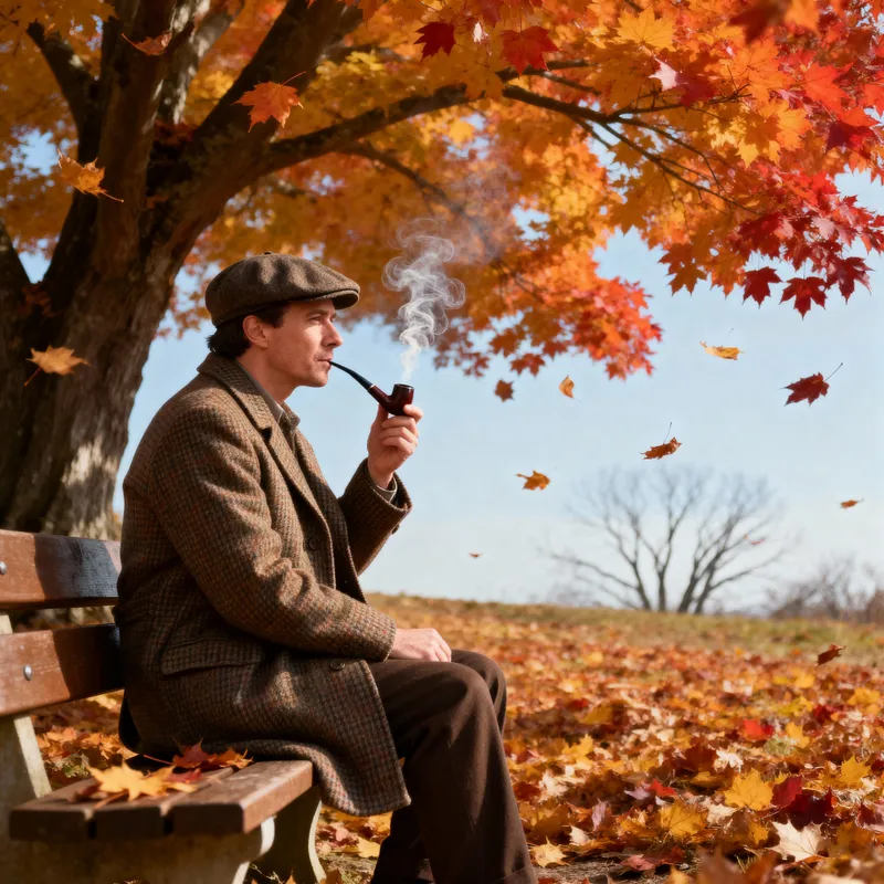 Pipe Smoking Man in Autumn Outdoors