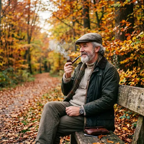 Pipe Smoking Man in Autumn Outdoors