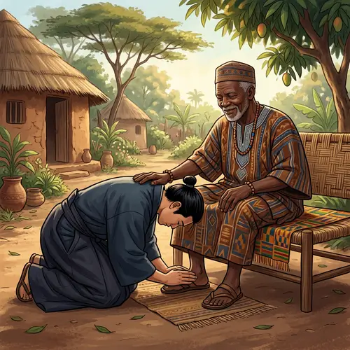 Illustration of Respectful Interaction Between Young Asian and Elderly African Men