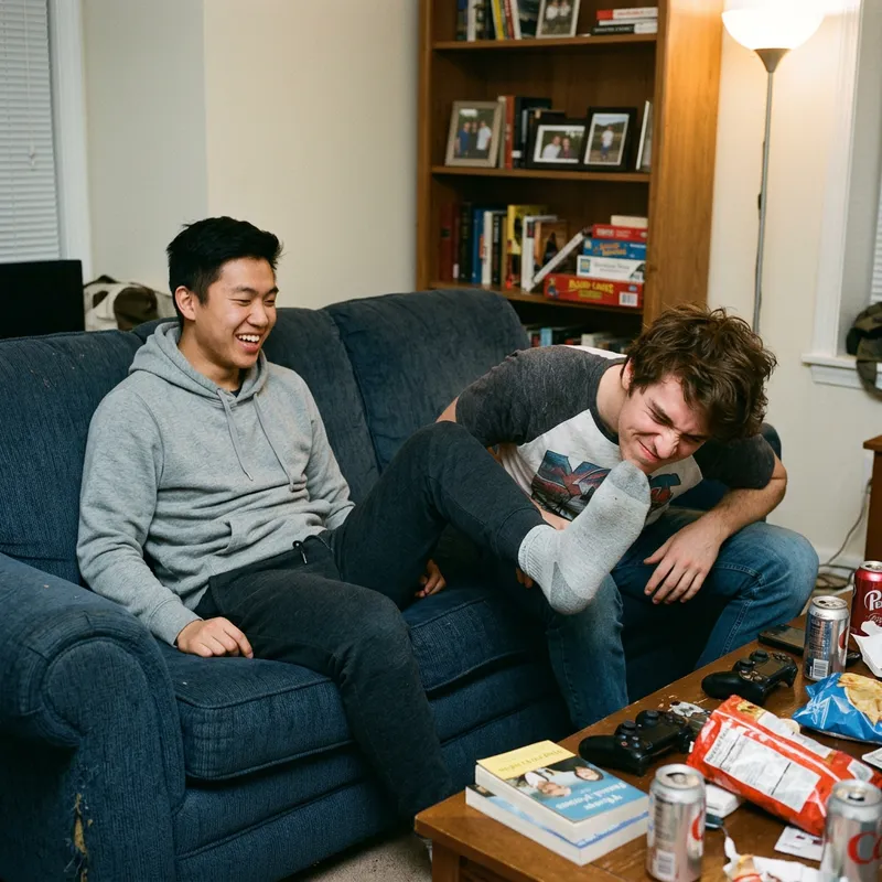 Young Men Playfully Smelling Friend's Feet | Casual Fun