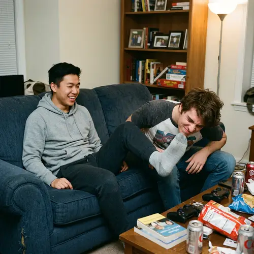 Playful Young Men in Casual Attire | Friendly Atmosphere