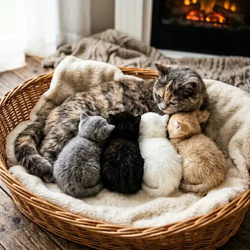 British Long Hair Kittens of Various Colors with Nurturing Mother Cat