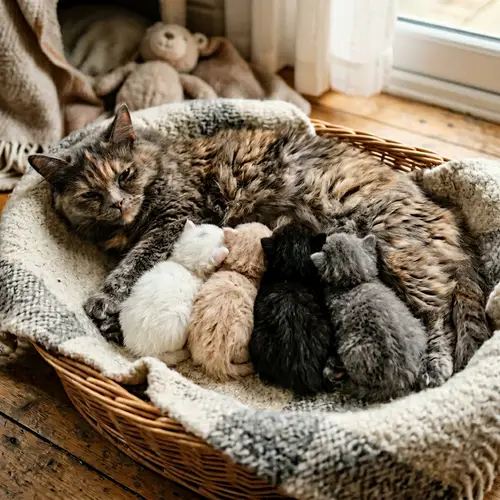 British Long Hair Kittens Nursed by Multi-color Mother Cat