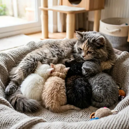 British Long Hair Kittens Enjoying Nourishment from Their Mother