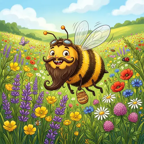 Funny Cartoon Bee with Goatee in Wildflowers
