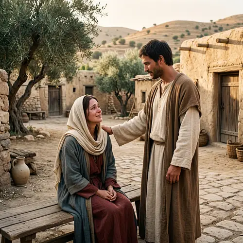 Religious Figure Offering Comfort to Mary Magdalene in Historical Middle-Eastern Setting