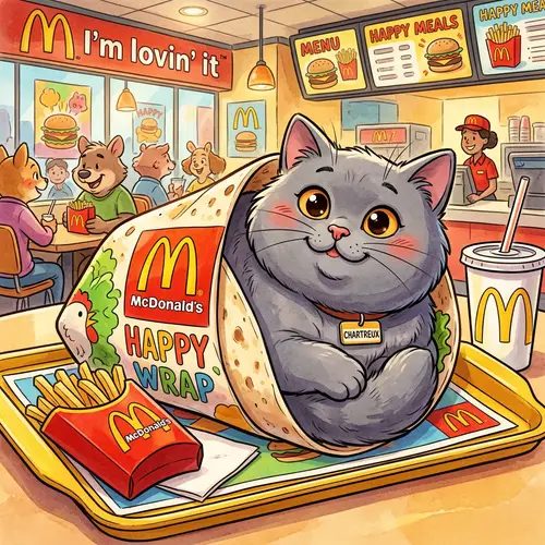 Adorable Grey Chartreux Cat in McDonald's Wrap Illustration