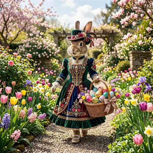 Easter Rabbit in Zuhair Murad Dress with Easter Eggs in Sunny Garden