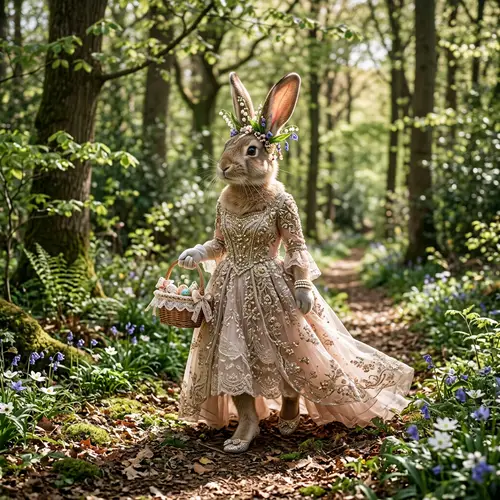 Easter Rabbit in Zuhair Murad Dress Walking Through Sunlit Forest