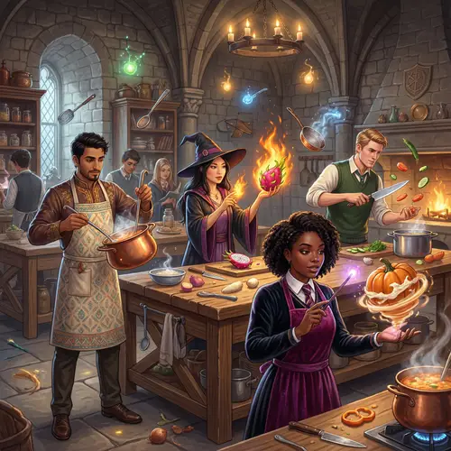 Wizard Culinary School: Enchanting Kitchen Scene with Magical Cooking