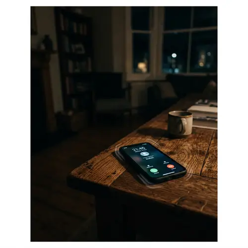 Dark Home Scene: Mobile Phone Ringing on Wooden Table