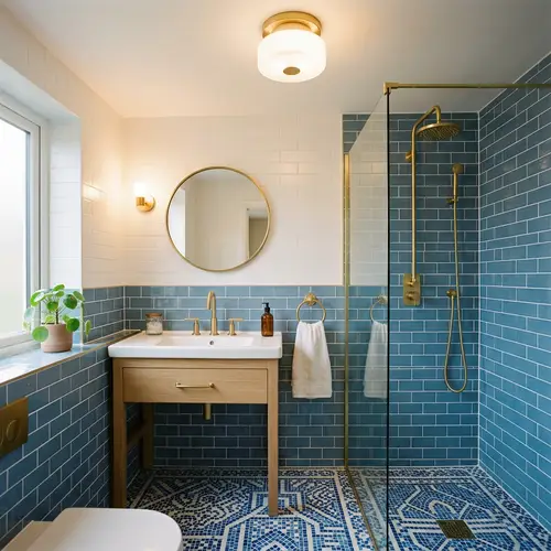 Luxurious Bathroom Design with Blue and White Mosaic Tiles