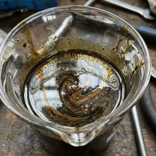 Motor Oil in Clear Glass Container - Brown and Black Liquid