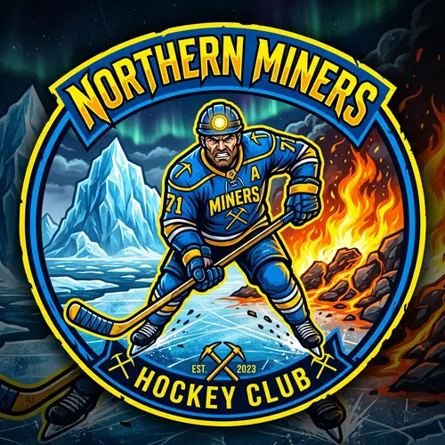 Vivid Blue & Yellow Hockey Logo Design | Miner, Ice Berg, Fire Flames