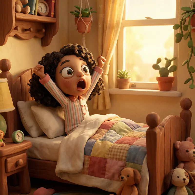 Cheerful Girl Waking Up in Bright Bedroom