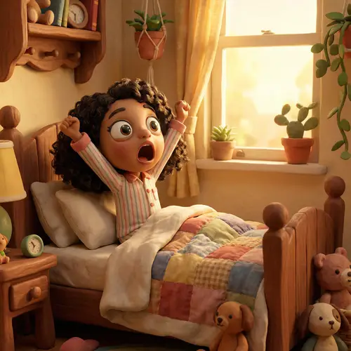 Cheerful Girl Waking Up in Bright Bedroom