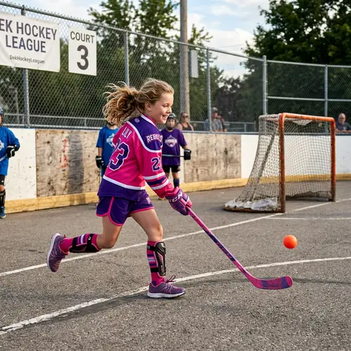 Caucasian Girl Playing Dek Hockey in Pink and Purple Outfit