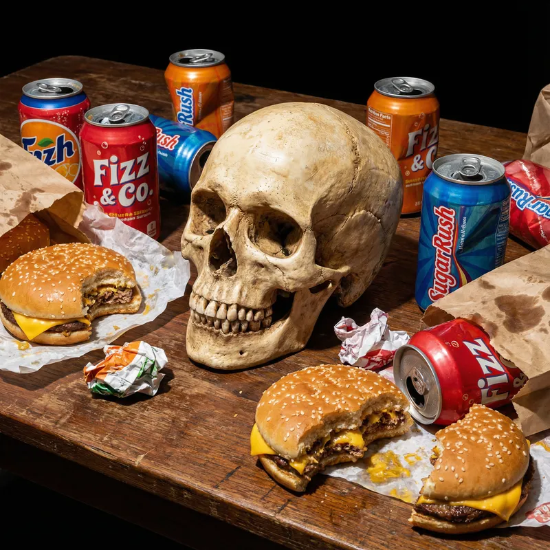 Skull Amid Unhealthy Food: A Contrast of Life and Death
