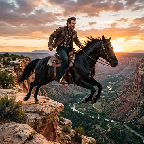 Daring Jump on Mustang Horse Over Dramatic Cliff