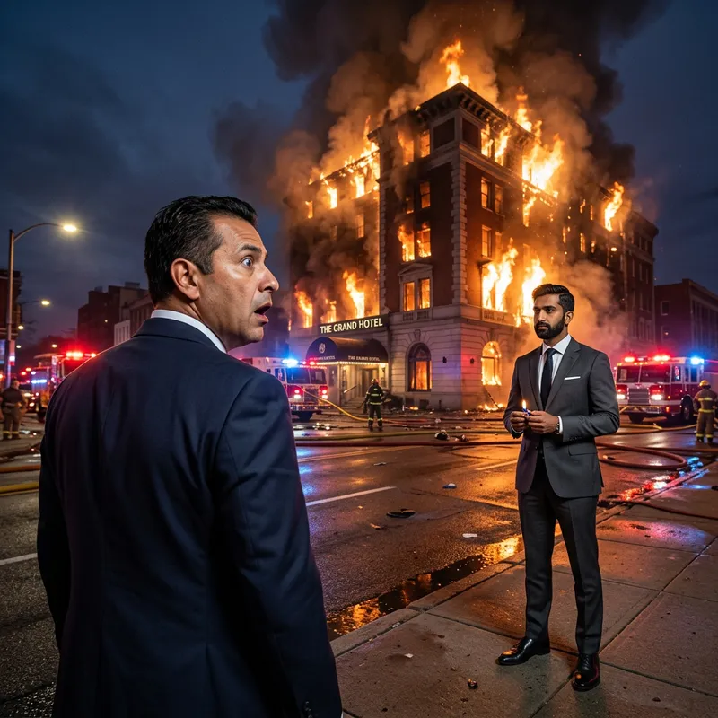 Burning Building Scene: Diverse Men React in Shock and Composure Burning Building Scene: Diverse Men React in Shock and Composure