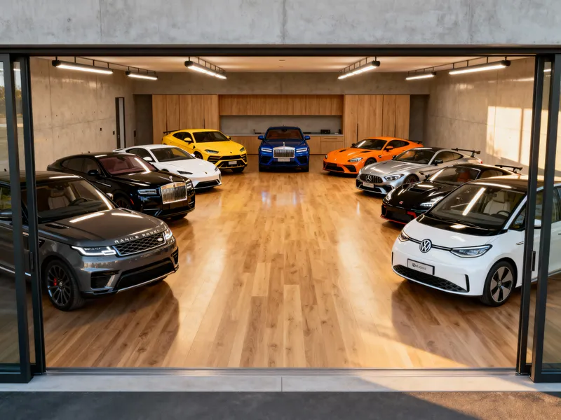 Wooden Luxury Modern 12-Car Garage with Top Cars Wooden Luxury Modern 12-Car Garage with Top Cars