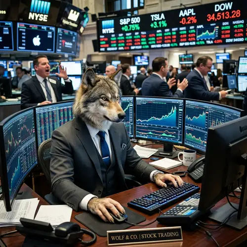 Wolf-Headed Man in Suit Playing Stocks