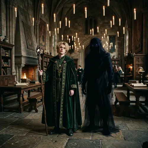 Young Wizard and Mysterious Companion in Magical School Setting