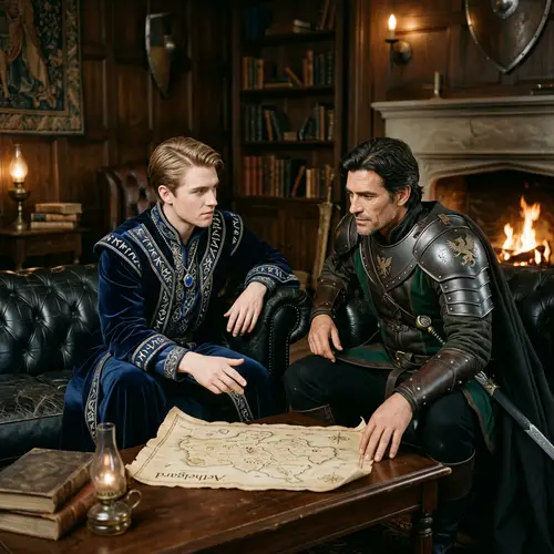 Fantasy Characters in Deep Conversation on Black Sofa