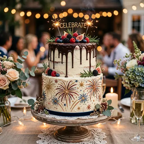 Vintage Two-Tier Cake with Fireworks & Chocolate Drips