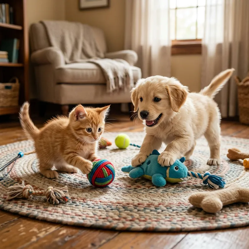 Happy Kitten and Puppy Playing Happily Together