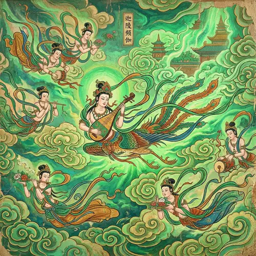 Dunhuang Style Heavenly Beings Art | Green Clouds & Ribbons